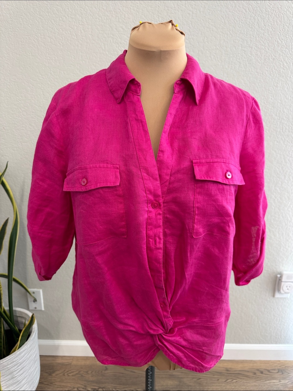 INC International Concepts Hot Pink Button-Front Twist Hem Shirt